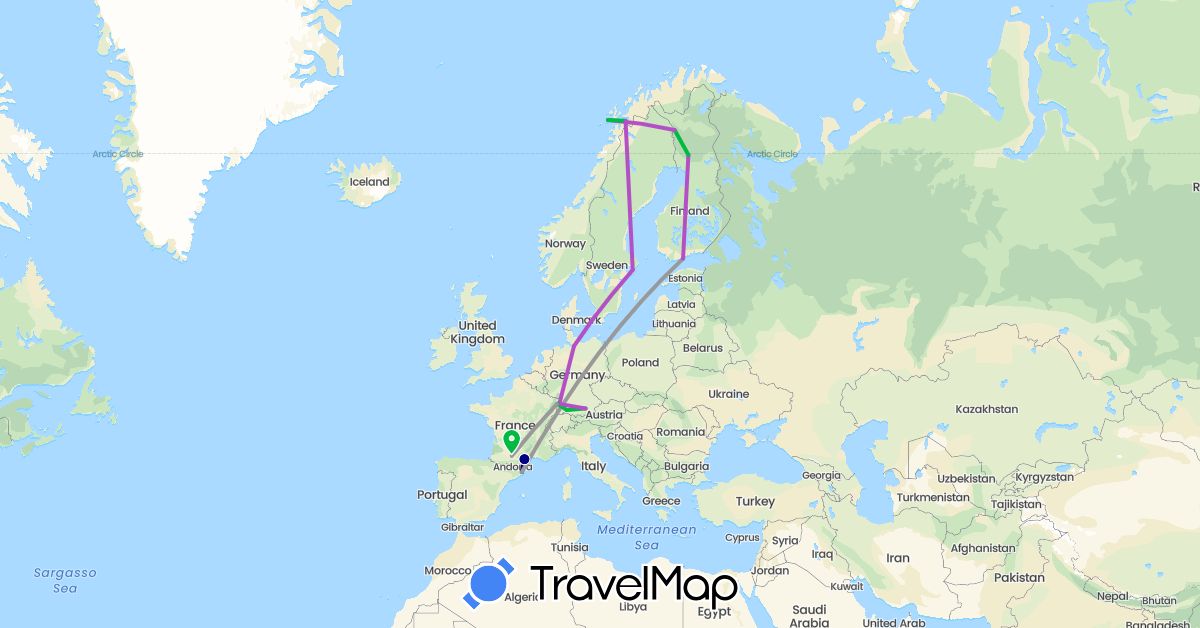 TravelMap itinerary: driving, bus, plane, train, boat in Germany, Denmark, Spain, Finland, France, Norway, Sweden (Europe)